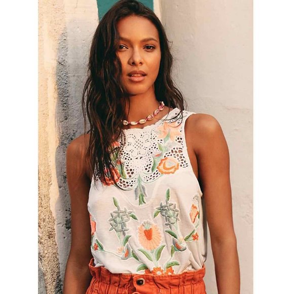 Free People Tops - Free People Flower Power Embroidered Tank Top Sz S